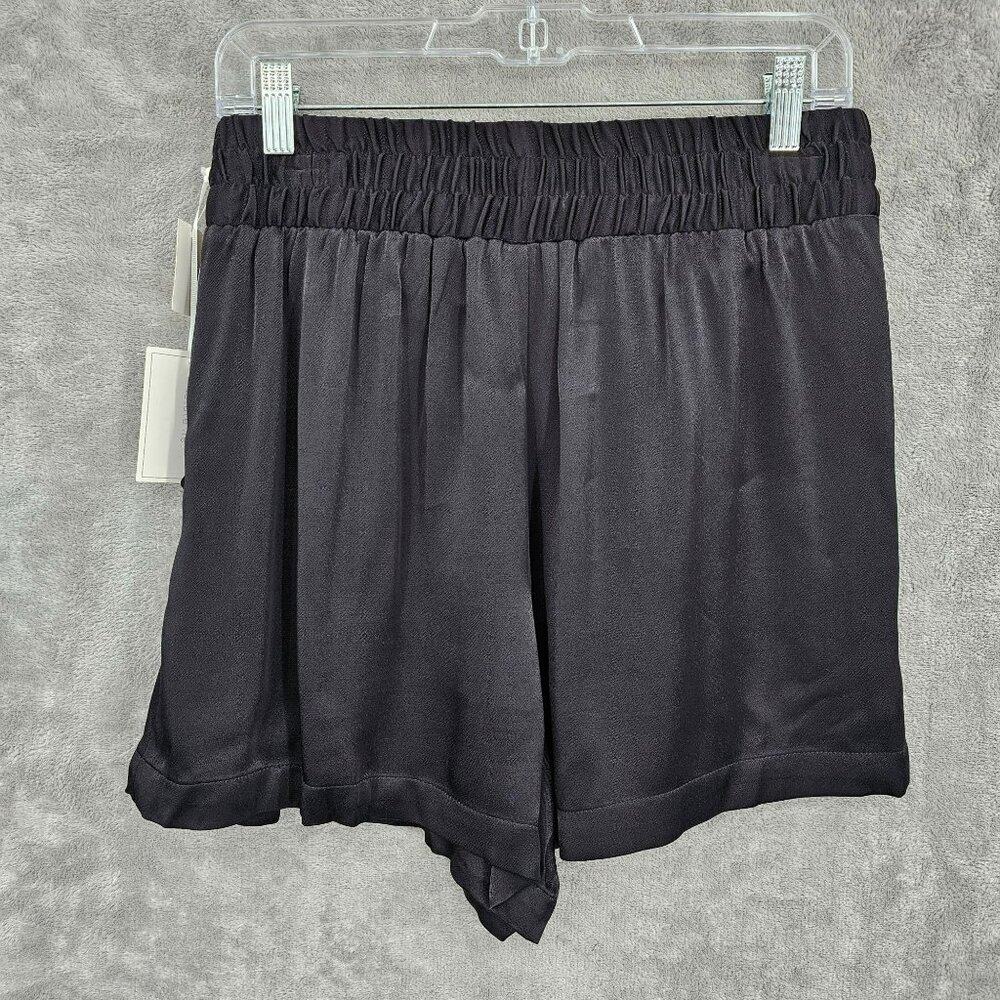 1 State On Point Satin Shorts S Black Flat Front Elastic Waist Zip High Rise New - Picture 10 of 12